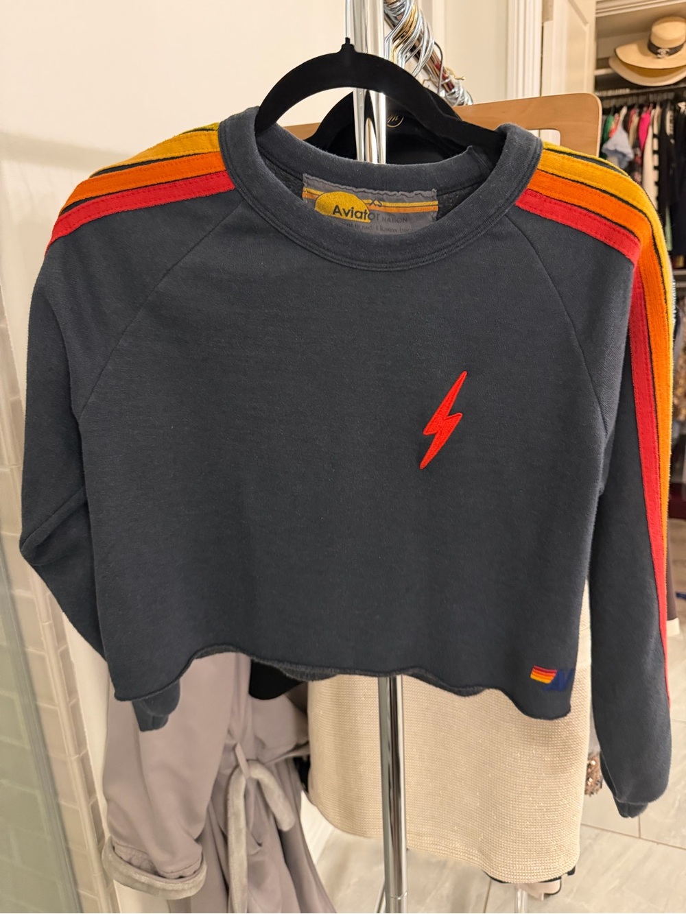 Aviator Nation Cropped Sweatshirt & Pant set with Red, Orange & Yellow Stripes